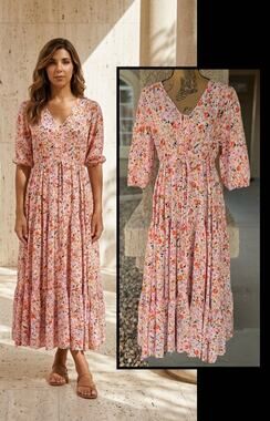Petal & Pup Floral Button Front Drawstring Waist Tiered Kelda Midi Dress Size L